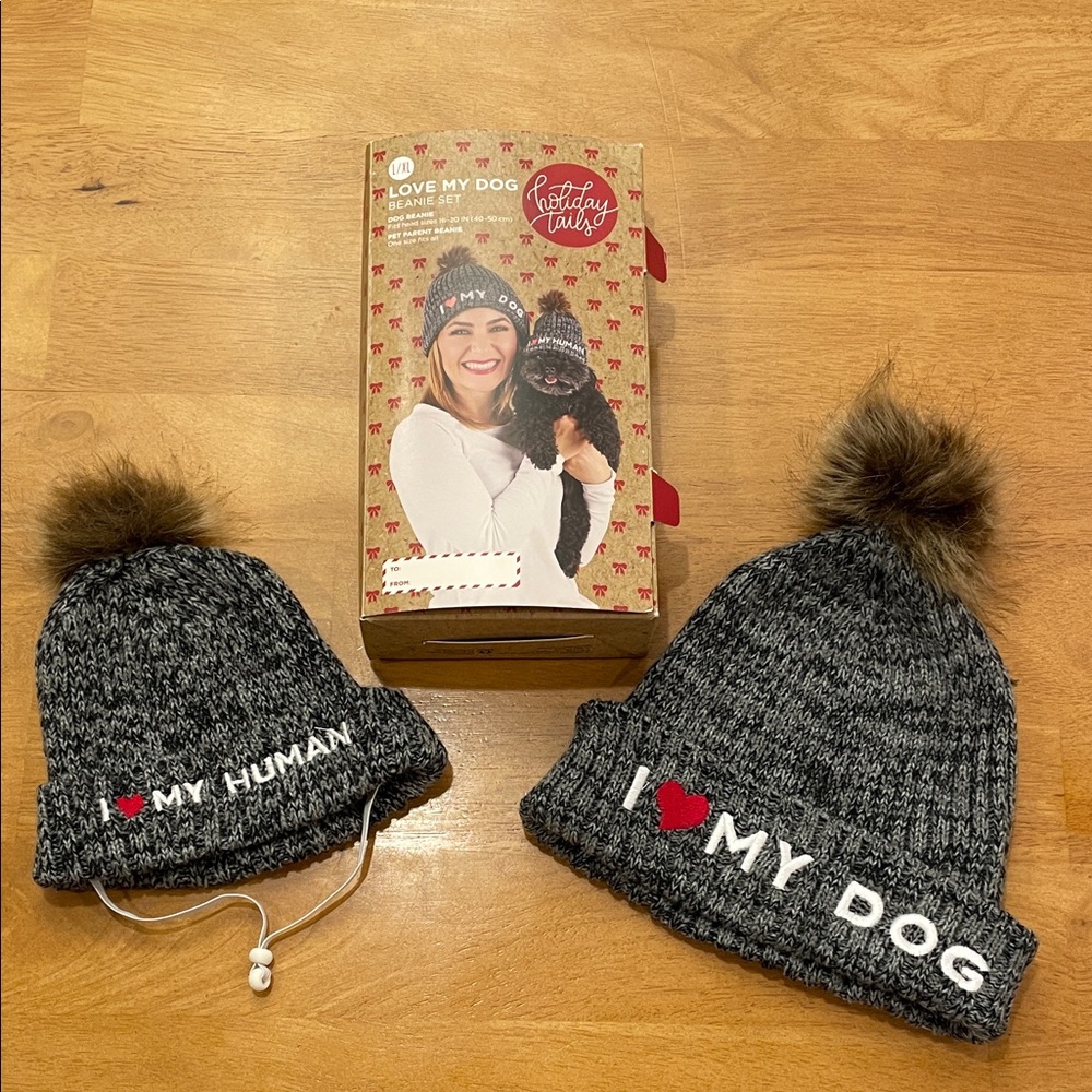 I Love my Dog and Human Pet Parent Winter Hat Beanie Set with Pom Poms L/XL Dogs